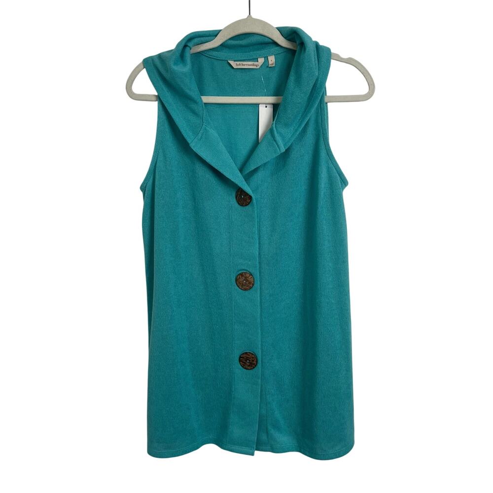 Soft Surroundings Teal Wooden Button Sleeveless Cardigan Women's Size Large NEW